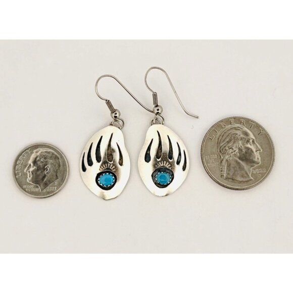Estate Sterling Silver Bear Paw Turquoise Gem Dangle Earrings 925 Native Style - Picture 5 of 8